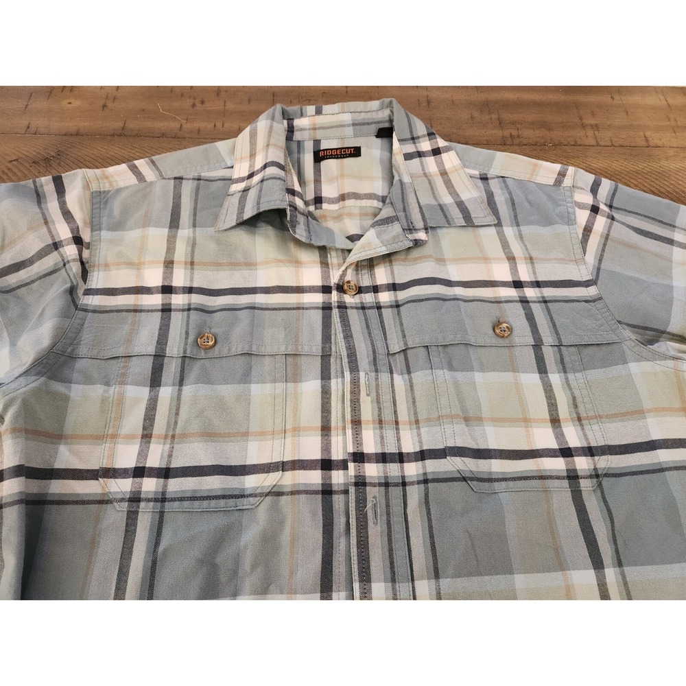 Ridgecut Toughwear Mens Blue Tan Plaid Short Sleeve Button Down Work Shirt M